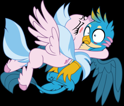 Size: 9158x7846 | Tagged: safe, artist:ejlightning007arts, artist:thegamerpainter, edit, edited screencap, screencap, gallus, silverstream, classical hippogriff, griffon, hippogriff, what lies beneath, arms around head, black background, blushing, cute, diastreamies, duo, eyes closed, female, gallabetes, gallstream, hug, jewelry, male, necklace, shipping, shrunken pupils, simple background, spread wings