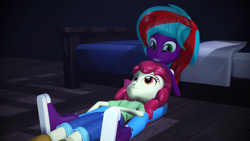 Size: 1920x1080 | Tagged: safe, artist:razethebeast, derpibooru import, apple bloom, oc, oc:fauna joy, equestria girls, 3d, bed, boots, clothes, cute, jeans, looking at each other, pants, shirt, shoes, sneakers, source filmmaker