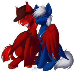 Size: 2820x2725 | Tagged: safe, artist:scarlet-spectrum, derpibooru import, oc, oc only, oc:lance longmane, oc:trade wind, oc:ward, pegasus, 2021 community collab, best friends, blue coat, clothes, cutie mark, derpibooru community collaboration, fangs, feather, grin, hat, hooves, hug, jacket, jewelry, leather jacket, messy mane, necklace, paws, pawsies, red coat, simple background, smiling, striped mane, transparent background, tufts, unshorn fetlocks, white mane, white tail, winghug, wings