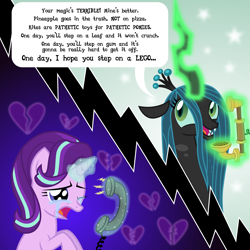 Size: 6969x6969 | Tagged: safe, artist:kmlp, derpibooru exclusive, derpibooru import, queen chrysalis, starlight glimmer, changeling, changeling queen, pony, unicorn, absurd resolution, abuse, crying, dialogue, glimmerbuse, magic, mean, mouthpiece, open mouth, phone, sad, smiling, telekinesis, telephone, vector, verbal abuse