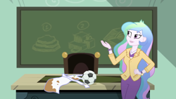 Size: 2208x1242 | Tagged: safe, derpibooru import, screencap, princess celestia, principal celestia, eqg summertime shorts, equestria girls, subs rock, chalkboard, desk, hand on hip, soccer ball (object)