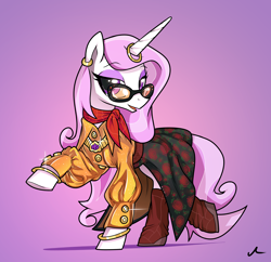 Size: 2250x2176 | Tagged: safe, artist:docwario, derpibooru import, fleur-de-lis, pony, unicorn, blouse, clothes, commission, female, glasses, gradient background, horn, horn ring, jewelry, mare, ring, skirt, solo