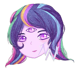 Size: 580x528 | Tagged: safe, artist:noninion, derpibooru import, princess celestia, principal celestia, twilight sparkle, twilight sparkle (alicorn), oc, oc:mystic sunrise, alicorn, human, equestria girls, fusion, gem fusion, head only, multiple eyes, signature, simple background, solo, third eye, three eyes, transparent background