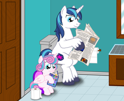 Size: 2591x2118 | Tagged: safe, anonymous artist, derpibooru import, princess flurry heart, shining armor, alicorn, pony, unicorn, bathroom, book, but why, father and child, father and daughter, female, male, newspaper, parent and child, potty, potty training, reading, remake, toilet, toilet paper