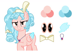 Size: 1280x878 | Tagged: safe, artist:light-breeze-999, derpibooru import, cozy glow, pegasus, pony, blue mane, bow, ears, looking at you, missing tail, older, older cozy glow, pendant, reference sheet, simple background, smiling, solo, two toned wings, white background, wings