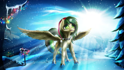 Size: 1280x720 | Tagged: safe, artist:lexi fyrestar, derpibooru import, oc, oc:lemon bounce, pegasus, christmas, christmas lights, female, hat, holiday, jewelry, mare, necklace, santa hat, shooting star, snow, snowflake