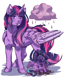 Size: 2000x2400 | Tagged: safe, artist:ponipoke, derpibooru import, twilight sparkle, twilight sparkle (alicorn), oc, alicorn, pony, alicorn oc, chocolate, chocolate rain, crying, female, filly, food, horn, magical lesbian spawn, mare, mother and child, mother and daughter, offspring, parent and child, parent:starlight glimmer, parent:twilight sparkle, parents:twistarlight, pink cloud, rain, simple background, white background, wings