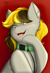 Size: 1575x2296 | Tagged: safe, artist:flashnoteart, derpibooru import, oc, earth pony, blushing, bust, collar, colored, commission, female, leash, mare, portrait, red background, simple background, smiling