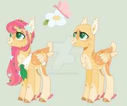 Size: 600x502 | Tagged: safe, artist:kyper-space, artist:strawberry-spritz, derpibooru import, fluttershy, pegasus, pony, ascot, base used, chest fluff, feathered fetlocks, female, flower, flower in hair, green background, mare, redesign, simple background, solo