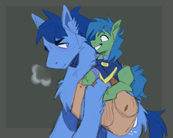 Size: 2703x2153 | Tagged: safe, artist:civetcider, derpibooru import, oc, oc only, oc:p-21, oc:scotch tape, earth pony, fallout equestria, fallout equestria: project horizons, fanfic art, father and child, father and daughter, female, male, parent and child