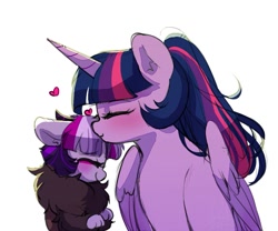 Size: 1061x883 | Tagged: safe, artist:riukime, derpibooru import, twilight sparkle, twilight sparkle (alicorn), oc, oc:jinx, alicorn, draconequus, hybrid, pony, alternate hairstyle, blushing, cute, eyes closed, female, heart, interspecies offspring, kiss on the head, kissing, mama twilight, mare, mother and child, mother and daughter, offspring, parent and child, parent:discord, parent:twilight sparkle, parents:discolight, simple background, white background