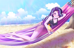 Size: 3830x2523 | Tagged: safe, artist:rileyav, derpibooru import, starlight glimmer, equestria girls, beach, blushing, breasts, cleavage, clothes, drink, feet, female, hammock, lying down, one-piece swimsuit, see-through, smiling, smirk, soles, solo, solo female, stupid sexy starlight glimmer, swimsuit, toes