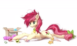 Size: 2200x1305 | Tagged: safe, artist:ladonb kokosa, derpibooru import, roseluck, earth pony, pony, behaving like a cat, bow, christmas ornament, collar, commission, cute, decoration, female, leg fluff, lying down, mare, pet collar, pet tag, pony pet, prone, rosepet, smiling, solo, tail bow