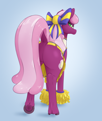 Size: 3200x3800 | Tagged: safe, artist:aquaticvibes, derpibooru import, cheerilee, earth pony, pony, blue background, bow, butt, cheerileeder, cheerleader, cheerleader outfit, clothes, dock, female, flowerbutt, frog (hoof), hair bow, high res, looking at you, looking back, looking back at you, mare, plot, pom pom, rear view, simple background, solo, underhoof