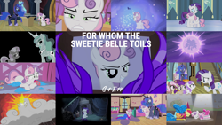 Size: 1986x1117 | Tagged: safe, derpibooru import, edit, edited screencap, editor:quoterific, screencap, apple bloom, brown sugar, princess luna, rarity, scootaloo, sweetie belle, alicorn, pony, unicorn, for whom the sweetie belle toils, banana peel (character), burnout (character), cutie mark crusaders, inverted colors, mint flower, plum star, raricloud, titania