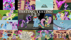 Size: 1986x1117 | Tagged: safe, derpibooru import, edit, edited screencap, editor:quoterific, screencap, angel bunny, apple bloom, applejack, doctor whooves, fluttershy, goldengrape, opalescence, owlowiscious, pinkie pie, rainbow dash, rarity, scootaloo, sir colton vines iii, spike, sweetie belle, twilight sparkle, twilight sparkle (alicorn), alicorn, earth pony, pony, unicorn, testing testing 1-2-3, admiral fairy flight, chalkboard, clothes, colonel purple dart, commander easy glider, cosplay, costume, cutie mark crusaders, golden oaks library, i am not that tall, jacket, mane six, rapper pie, shylestia, sunglasses