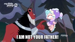 Size: 800x450 | Tagged: safe, derpibooru import, edit, edited screencap, screencap, cozy glow, lord tirek, centaur, pegasus, pony, frenemies (episode), caption, clothes, cozy glow is not amused, daddy tirek, discovery family logo, duo, female, filly, foal, hat, image macro, male, night, nose piercing, nose ring, piercing, pointing, text, tree, winter outfit
