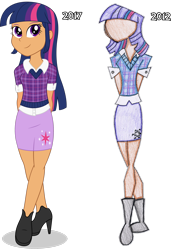 Size: 2024x2963 | Tagged: safe, artist:sugar-loop, derpibooru import, twilight sparkle, human, equestria girls, clothes, collar, cutie mark, cutie mark on clothes, dark skin, high heels, humanized, looking at you, pencil skirt, plaid shirt, purple clothes, shirt, shoes, simple background, skirt, smiling at you, solo, sweater vest, then and now, transparent background, vector