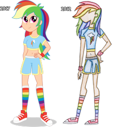 Size: 2320x2584 | Tagged: safe, artist:sugar-loop, derpibooru import, rainbow dash, human, equestria girls, athletic, belly button, caucasian skin, clothes, converse, cutie mark, cutie mark on clothes, humanized, looking at you, midriff, rainbow socks, shoes, short shirt, shorts, simple background, smiling at you, sneakers, socks, solo, striped socks, then and now, transparent background, vector