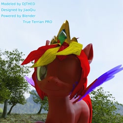 Size: 1080x1080 | Tagged: safe, derpibooru import, oc, oc:jiaoqiu, pegasus, 3d, 3d model, blender, cycles, ground, hill, male, smiling, tree