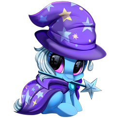 Size: 3480x3398 | Tagged: safe, artist:pridark, derpibooru import, trixie, pony, unicorn, cape, chibi, clothes, cute, diatrixes, eye reflection, female, hat, magic wand, mouth hold, reflection, simple background, sitting, solo, transparent background, trixie's cape, trixie's hat