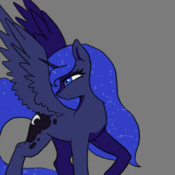 Size: 800x800 | Tagged: safe, artist:slamjam, derpibooru import, princess luna, alicorn, pony, blue eyes, blue mane, blue tail, cutie mark, female, gray background, horn, looking to side, looking to the left, mare, raised leg, simple background, solo, wings