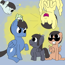 Size: 2500x2500 | Tagged: safe, artist:colorcodetheartist, derpibooru import, pegasus, pony, unicorn, abstract background, blind, colored sketch, crossover, family, group photo, jyushimatsu, karamatsu, magical gay spawn, offspring, osomatsu-san, ponified, ponified oc, product of incest, upside down