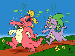 Size: 1280x961 | Tagged: safe, artist:dodgyrommer, derpibooru import, spike, dragon, cassie (dragontales), colored, crossover, dragon tales, drunk, drunker spike, swirly eyes, tongue out