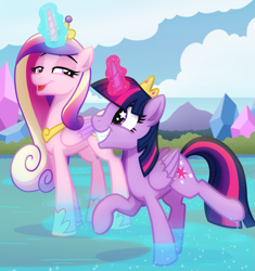 Size: 1733x1841 | Tagged: safe, artist:whitequartztheartist, derpibooru import, princess cadance, twilight sparkle, twilight sparkle (alicorn), alicorn, pony, duo, female, magic, mare, outdoors, sisters-in-law, starry eyes, vector, water, wingding eyes