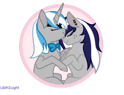 Size: 824x632 | Tagged: safe, artist:jelisicli, derpibooru import, oc, oc:sekr gray, oc:starlit nightcast, unicorn, bowtie, commission, couple, ear piercing, earring, eyepatch, forehead kiss, freckles, jewelry, kissing, piercing, shipping, signature, simple background, snaggletooth, transparent background, ych result