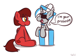 Size: 1158x860 | Tagged: safe, artist:techreel, derpibooru import, oc, oc:sekr gray, pegasus, pony, unicorn, bowtie, box, commission, eyepatch, gift box, golden eyes, pony in a box, present, signature, speech bubble, ych result