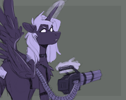 Size: 2703x2153 | Tagged: safe, artist:civetcider, derpibooru import, oc, oc:lacunae, fallout equestria, fallout equestria: project horizons, artificial alicorn, fanfic art, gun, machine gun, weapon