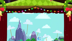 Size: 1280x720 | Tagged: safe, derpibooru import, screencap, hearth's warming eve (episode), background, canterlot, equestrian flag, liminal space, no pony, scenic ponyville, stage