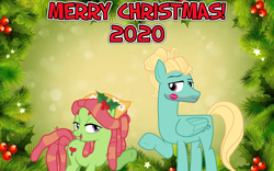 Size: 2064x1289 | Tagged: safe, anonymous artist, derpibooru import, tree hugger, zephyr breeze, earth pony, pegasus, christmas, female, flower, flower in hair, happy hearth's warming, hearth's warming, holiday, holly, kiss mark, kiss on the cheek, kissing, lipstick, looking at each other, lyrics in the description, male, merry christmas, shipping, smiling, straight, white christmas, youtube link, youtube link in the description, zephyrhugger