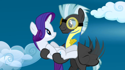 Size: 1280x720 | Tagged: safe, derpibooru import, screencap, rarity, thunderlane, pony, unicorn, wonderbolts academy, bridal carry, carrying, clothes, duo, flying, goggles, holding a pony, shipping fuel, uniform, wonderbolt trainee uniform