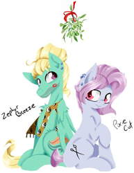 Size: 832x1077 | Tagged: safe, artist:alazak, derpibooru import, edit, idw, zephyr breeze, earth pony, pegasus, spoiler:comic74, christmas, happy hearth's warming, hearth's warming, holiday, kiss mark, kiss on the cheek, kissing, lipstick, looking at each other, lyrics in the description, merry christmas, mistletoe, pixie cut (idw), pixiebreeze, smiling, winter wonderland, youtube link, youtube link in the description, zephyrcut