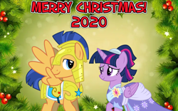 Size: 2064x1289 | Tagged: safe, anonymous artist, derpibooru import, flash sentry, twilight sparkle, twilight sparkle (alicorn), alicorn, pony, the last problem, armor, christmas, clothes, coronation dress, dress, female, flashlight, happy hearth's warming, have yourself a merry little christmas, hearth's warming, holiday, hope, looking at each other, lyrics in the description, male, merry christmas, royal guard armor, second coronation dress, shipping, smiling, straight, youtube link, youtube link in the description