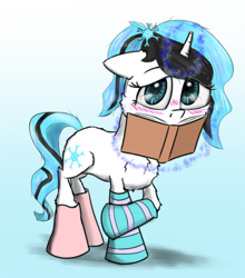 Size: 1250x1421 | Tagged: safe, artist:chopsticks, derpibooru import, oc, oc only, oc:arctic mist, pony, unicorn, book, cheek fluff, chest fluff, clothes, derpibooru community collaboration, ears, female, filly, floppy ears, levitation, looking at you, magic, ponytail, socks, solo, striped socks, teenager, telekinesis