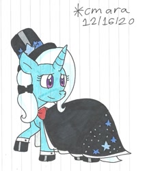 Size: 931x1098 | Tagged: safe, artist:cmara, derpibooru import, trixie, pony, unicorn, bowtie, cape, clothes, dress, female, gala dress, hat, hoof shoes, mare, raised hoof, simple background, solo, top hat, traditional art, white background