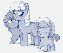 Size: 2016x1692 | Tagged: safe, artist:heretichesh, derpibooru import, oc, oc:alabaster, oc:augusta, oc:stir crazy, earth pony, pony, unicorn, blushing, colt, female, group, happy, male, mare, small mare, sort of family, stallion, tooth gap