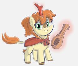 Size: 928x783 | Tagged: safe, artist:heretichesh, derpibooru import, oc, oc:summer melody, kirin, bard, cloak, clothes, fantasy class, female, filly, kirin oc, lute, magic, magic aura, sketch, smiling, solo