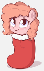 Size: 698x1122 | Tagged: safe, artist:heretichesh, derpibooru import, oc, oc only, oc:peachy keen, pony, blushing, christmas, christmas stocking, cute, female, filly, happy, holiday, ocbetes, pony in a stocking, simple background, white background