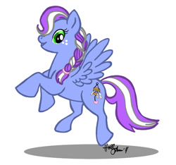 Size: 779x730 | Tagged: safe, artist:hollyann, derpibooru import, oc, oc only, pegasus, pony, braid, eyelashes, female, flying, freckles, mare, pegasus oc, signature, solo, wings