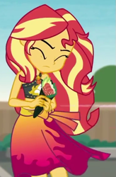 Size: 379x578 | Tagged: safe, derpibooru import, screencap, sunset shimmer, better together, equestria girls, x marks the spot, cropped, eyes closed, food, sleeveless, solo, sushi