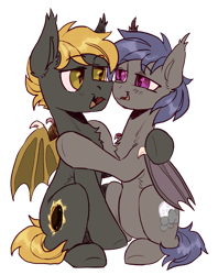 Size: 1584x1997 | Tagged: safe, artist:kotya, derpibooru import, oc, oc:night skies, oc:solar flux, bat pony, 2021 community collab, bat pony oc, bat wings, derpibooru community collaboration, female, fluffy, full body, hug, looking at each other, male, simple background, smiling, transparent background, wings