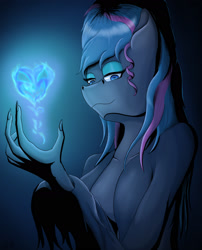 Size: 1701x2107 | Tagged: safe, artist:mixdaponies, derpibooru import, oc, oc:obabscribbler, anthro, earth pony, blue background, blue coat, blue eyes, elvira, eyeshadow, flame, low light, magic, simple background, two toned mane