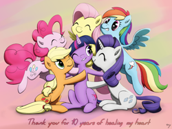 Size: 5384x4028 | Tagged: safe, artist:sny, derpibooru import, applejack, fluttershy, pinkie pie, rainbow dash, rarity, twilight sparkle, earth pony, pegasus, pony, unicorn, cute, eyes closed, female, flying, grin, group hug, hug, mane six, mare, mlp fim's tenth anniversary, one eye closed, sitting, smiling, text