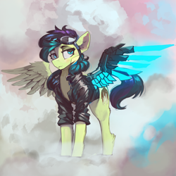 Size: 4000x4000 | Tagged: safe, artist:nsilverdraws, derpibooru import, oc, oc only, oc:adroga, pegasus, pony, amputee, artificial wings, augmented, clothes, female, jacket, leather jacket, prosthetic limb, prosthetic wing, prosthetics, solo, wings
