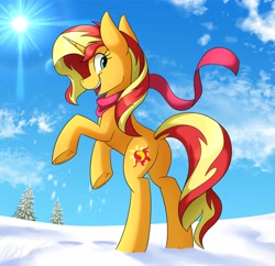 Size: 3200x3100 | Tagged: safe, artist:kaylerustone, derpibooru import, sunset shimmer, pony, unicorn, butt, clothes, dock, female, horses doing horse things, looking at you, mare, open mouth, plot, rearing, scarf, side view, smiling, snow, solo, sun, underhoof, winter