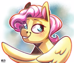 Size: 1897x1610 | Tagged: safe, artist:lrusu, derpibooru import, fluttershy, pegasus, pony, abstract background, alternate hairstyle, blushing, bust, cute, eye clipping through hair, female, mare, short hair, short mane, shyabetes, smiling, solo, wings